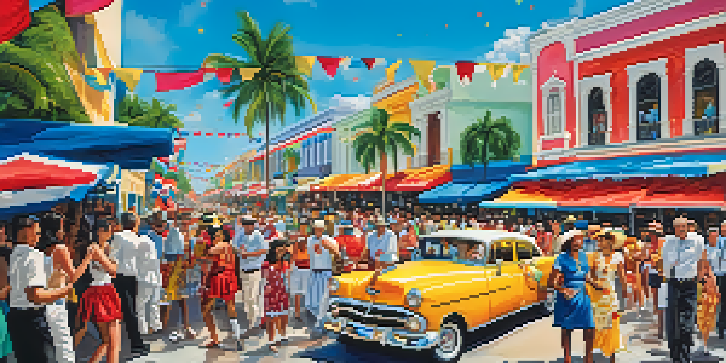 A colorful celebration of Cuban culture at the Calle Ocho Festival in Miami, featuring dancers in traditional attire and food vendors.