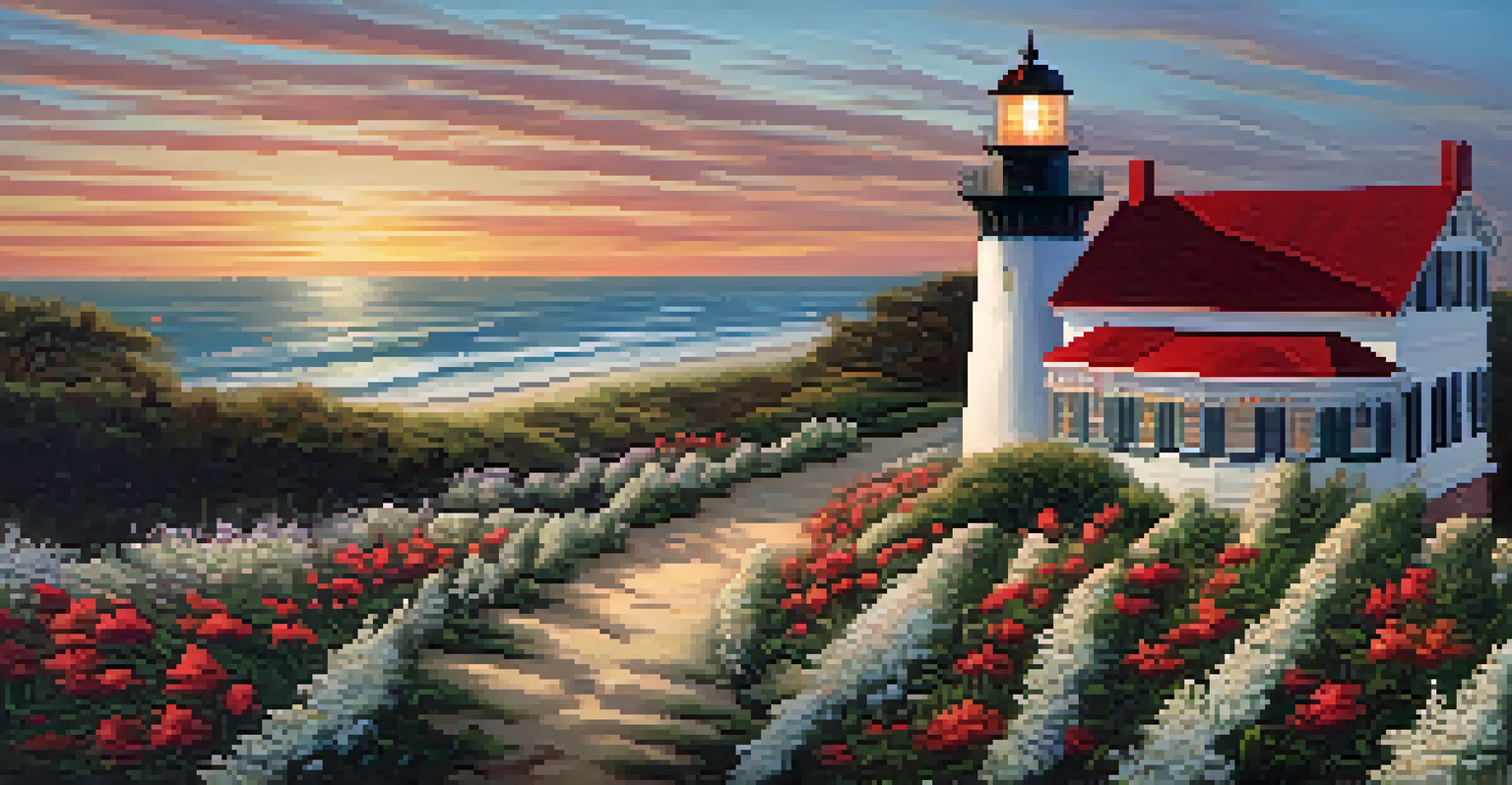 St. Augustine Lighthouse at sunset, with a red and white striped design, surrounded by flowers and the ocean in the background.
