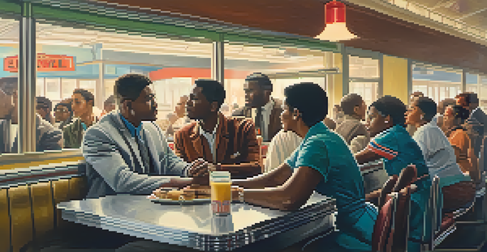 A group of diverse civil rights activists peacefully protesting at a segregated lunch counter, holding signs demanding equality, illuminated by warm sunlight.