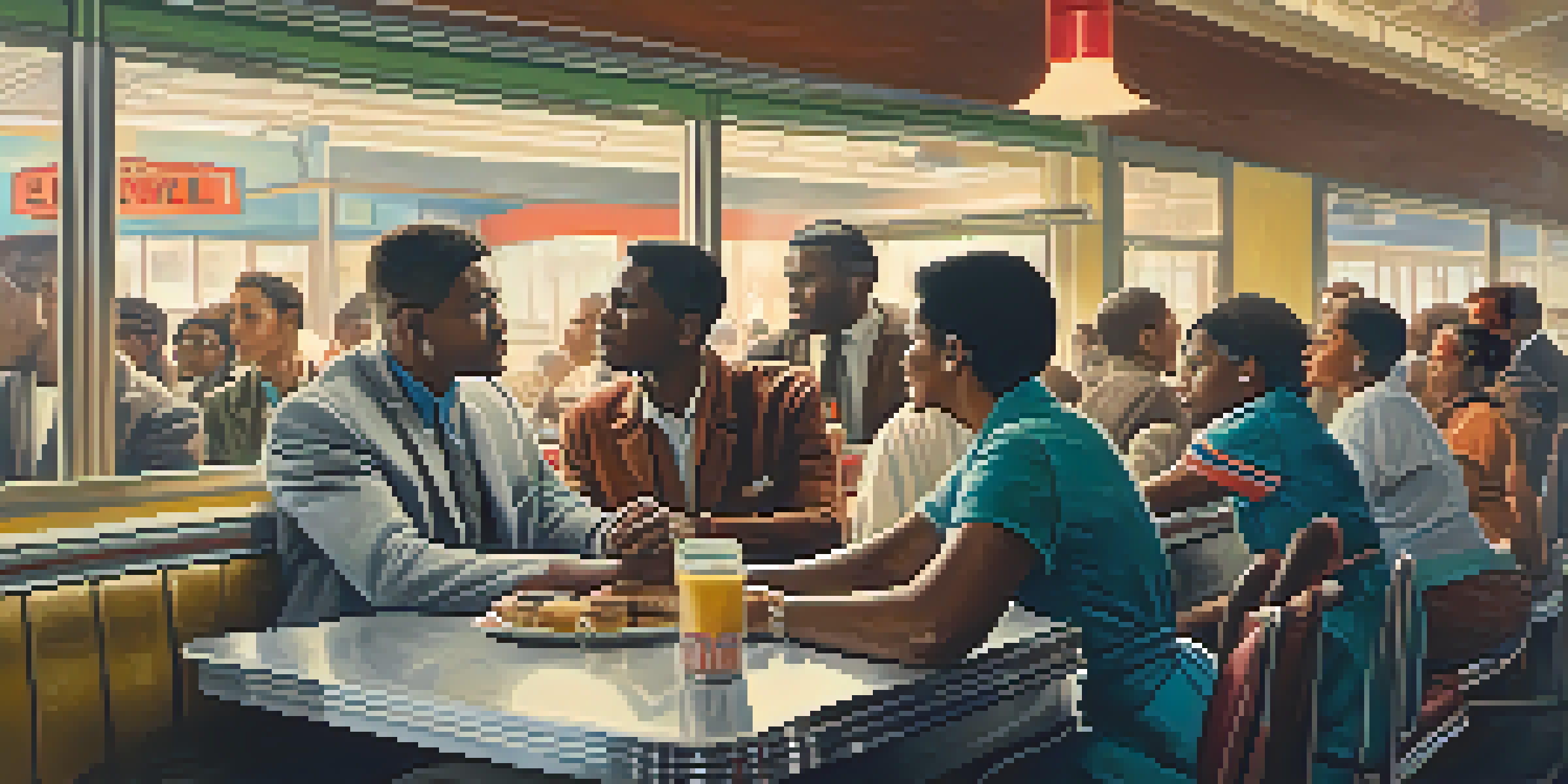 A group of diverse civil rights activists peacefully protesting at a segregated lunch counter, holding signs demanding equality, illuminated by warm sunlight.