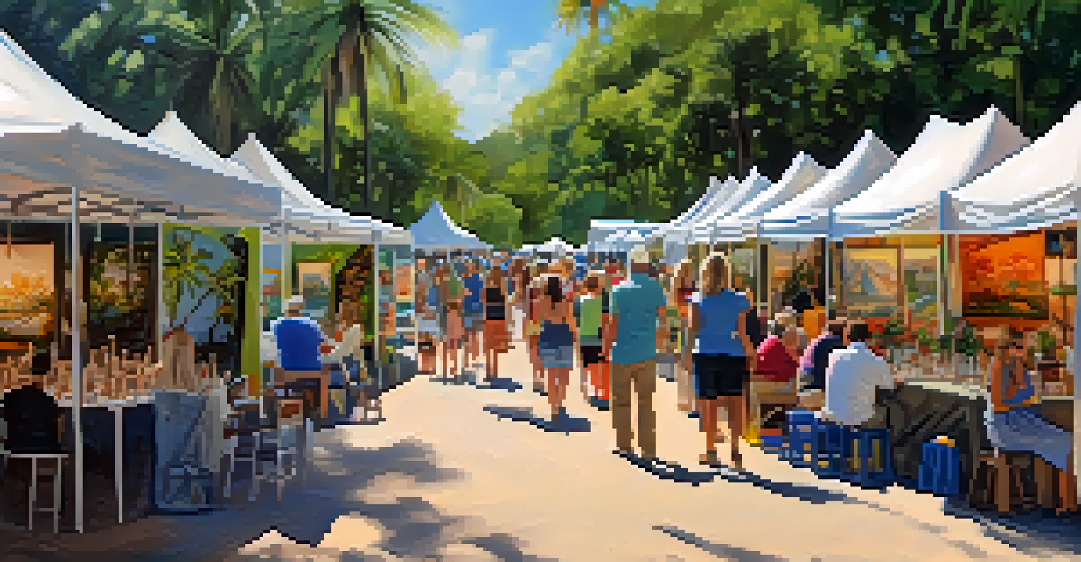 Local artists showcasing their work at the Sarasota Arts Festival, with families participating in activities and musicians performing in a green park setting.