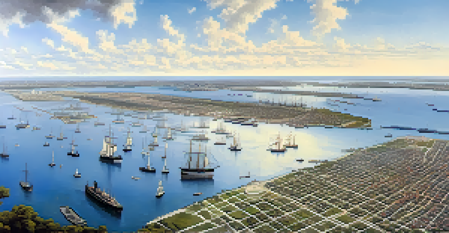An aerial view of Tampa Bay in 1898, showing ships and the coastline, highlighting its strategic importance during the Spanish-American War.