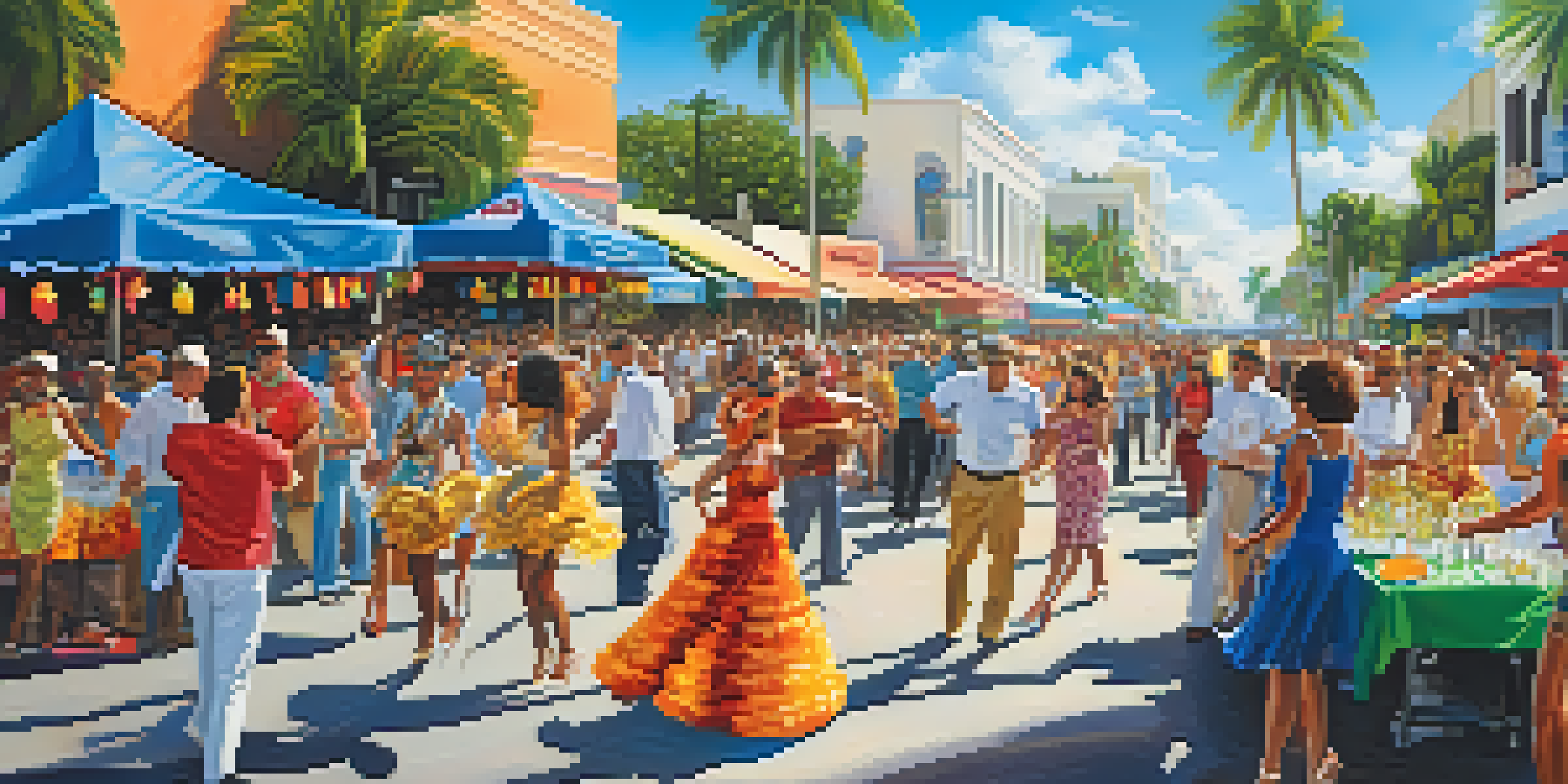 A vibrant street festival in Little Havana with Cuban dancers, colorful decorations, and food stalls.