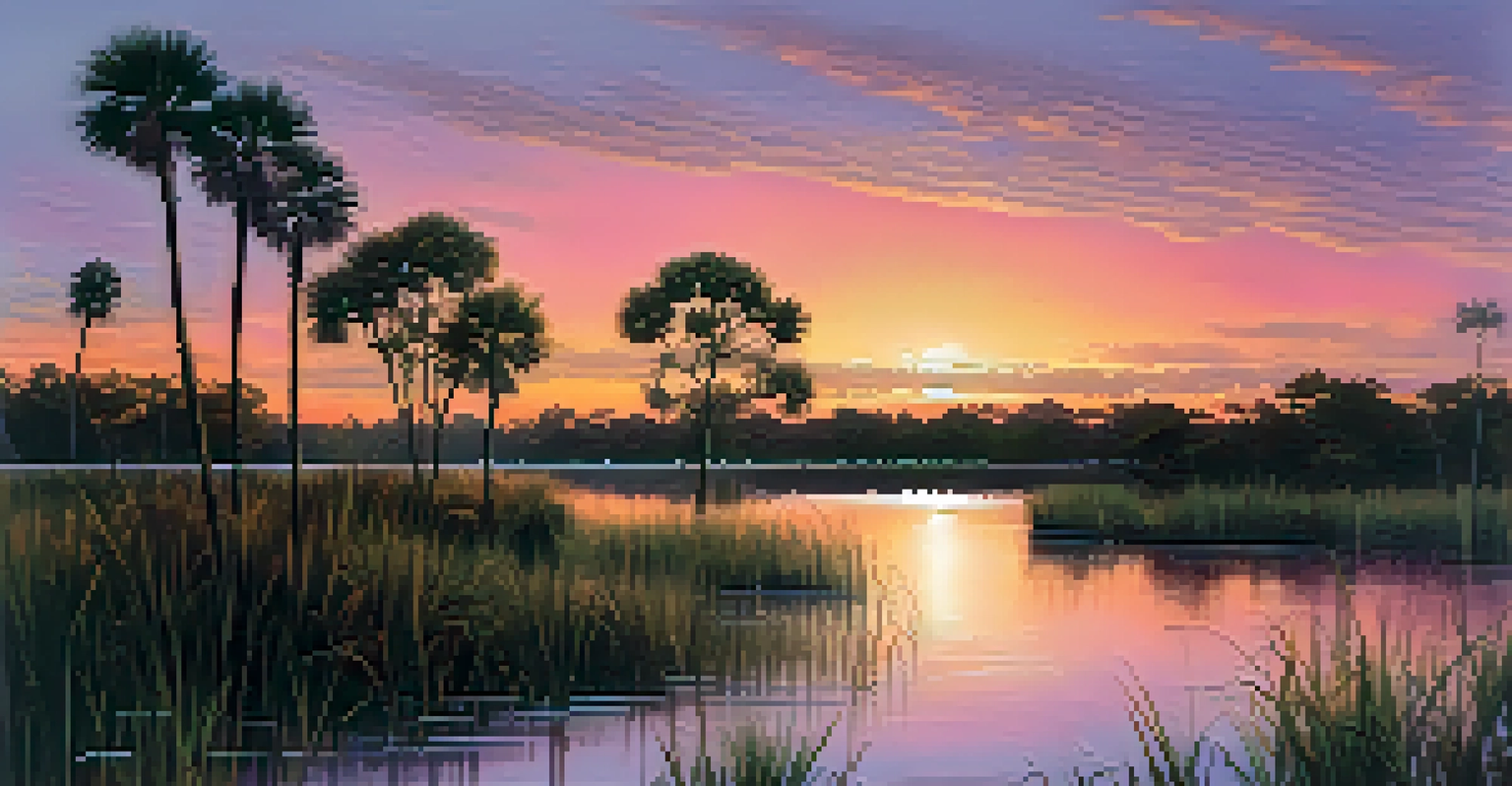 A peaceful sunset view over a Florida nature reserve lagoon, with silhouettes of herons and vibrant sky colors.