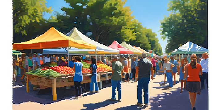 A busy farmers' market with various stalls selling fresh produce, surrounded by people chatting and shopping, all under a sunny sky.