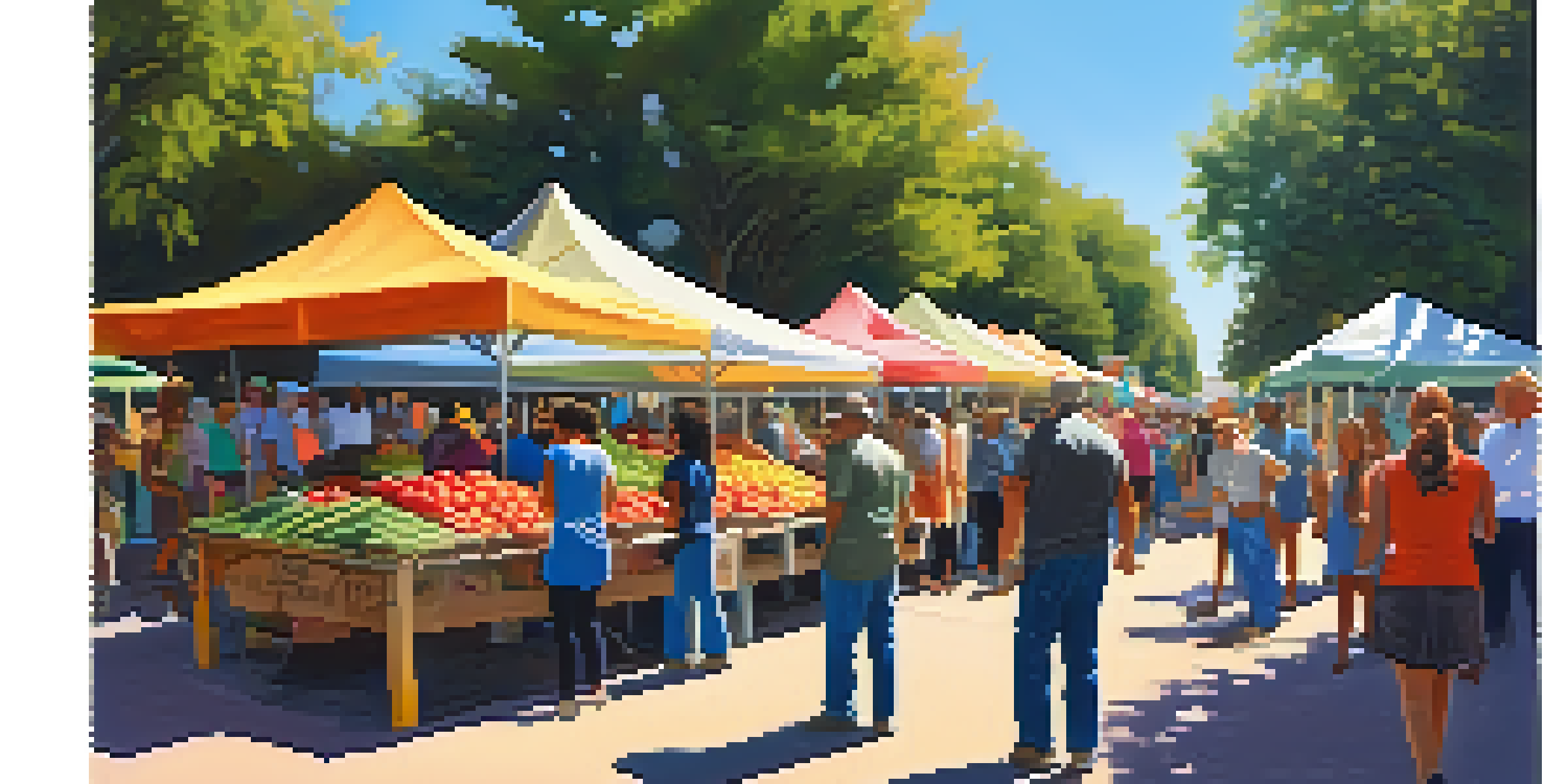 A busy farmers' market with various stalls selling fresh produce, surrounded by people chatting and shopping, all under a sunny sky.