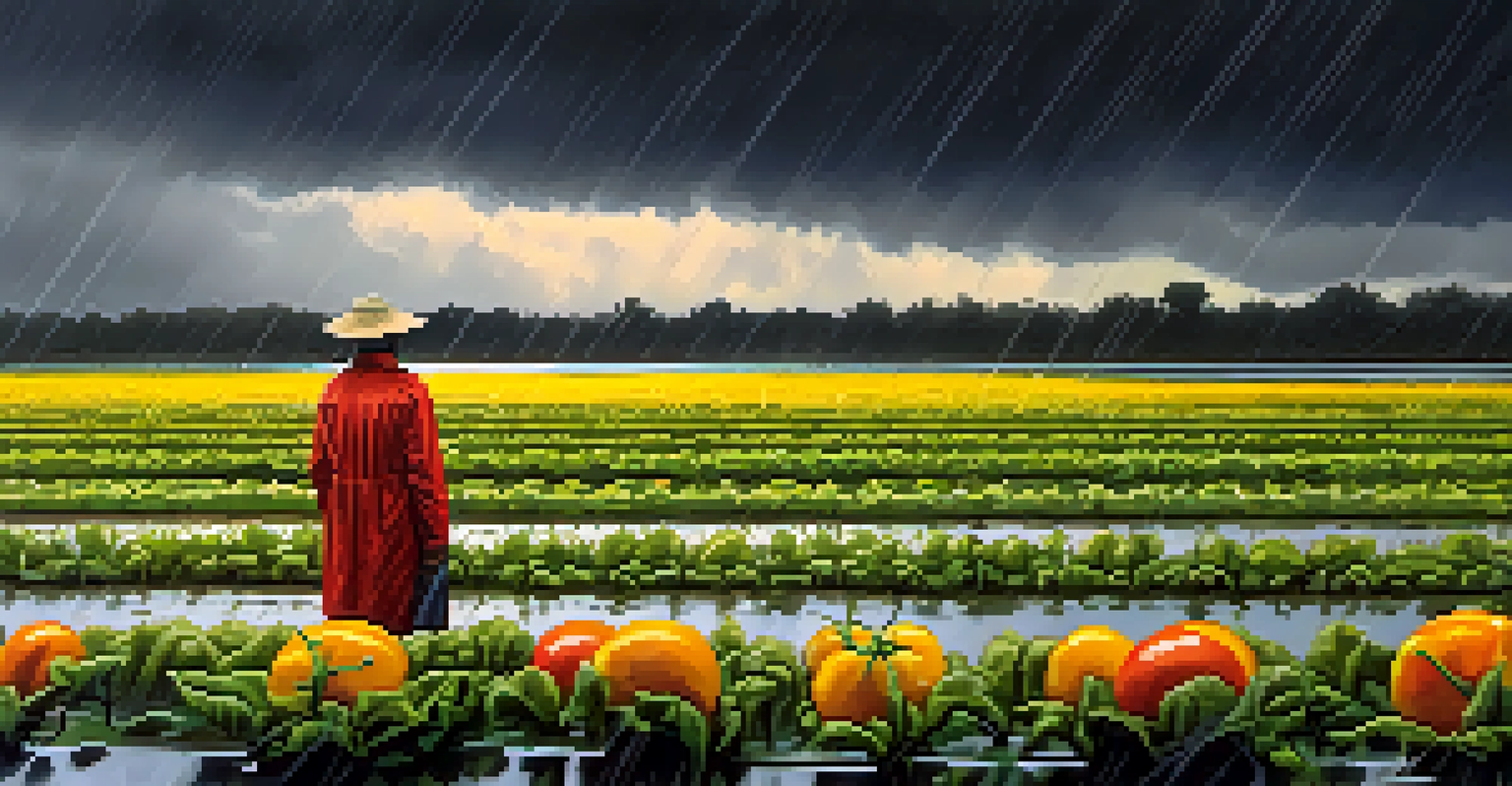 A farmer in a yellow raincoat checking tomato plants in a flooded field under dark clouds and rain, showcasing agricultural challenges during Florida's rainy season.