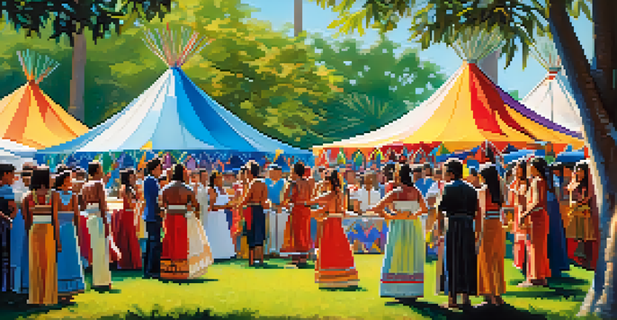 Native American dancers in traditional attire performing at a cultural festival in Florida, surrounded by colorful tents and attendees in a green park under sunlight.