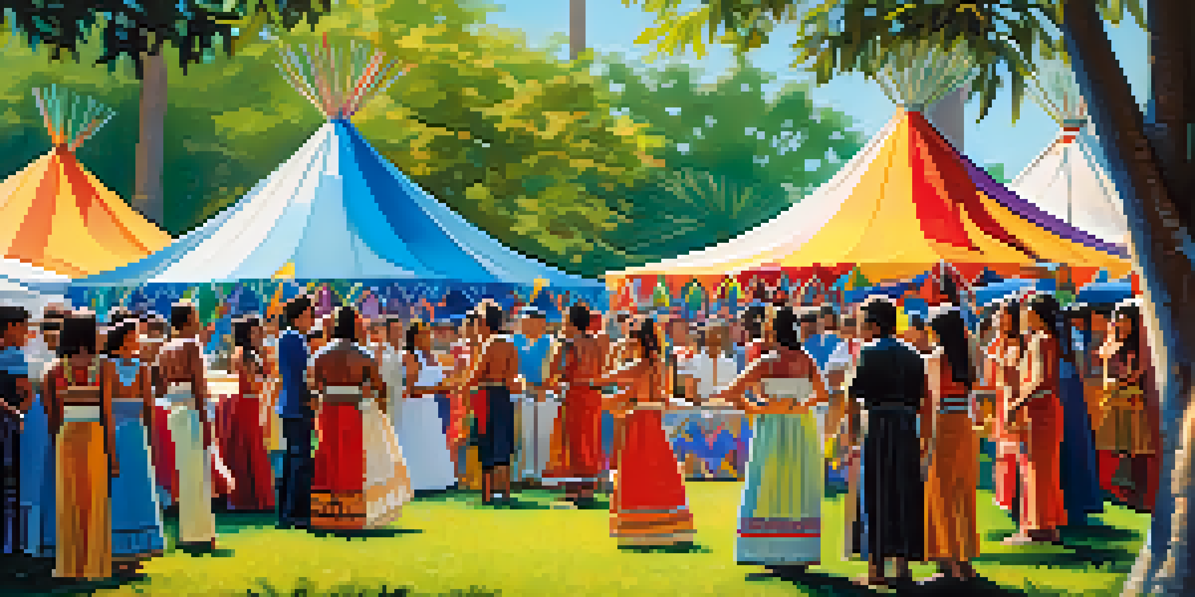 Native American dancers in traditional attire performing at a cultural festival in Florida, surrounded by colorful tents and attendees in a green park under sunlight.
