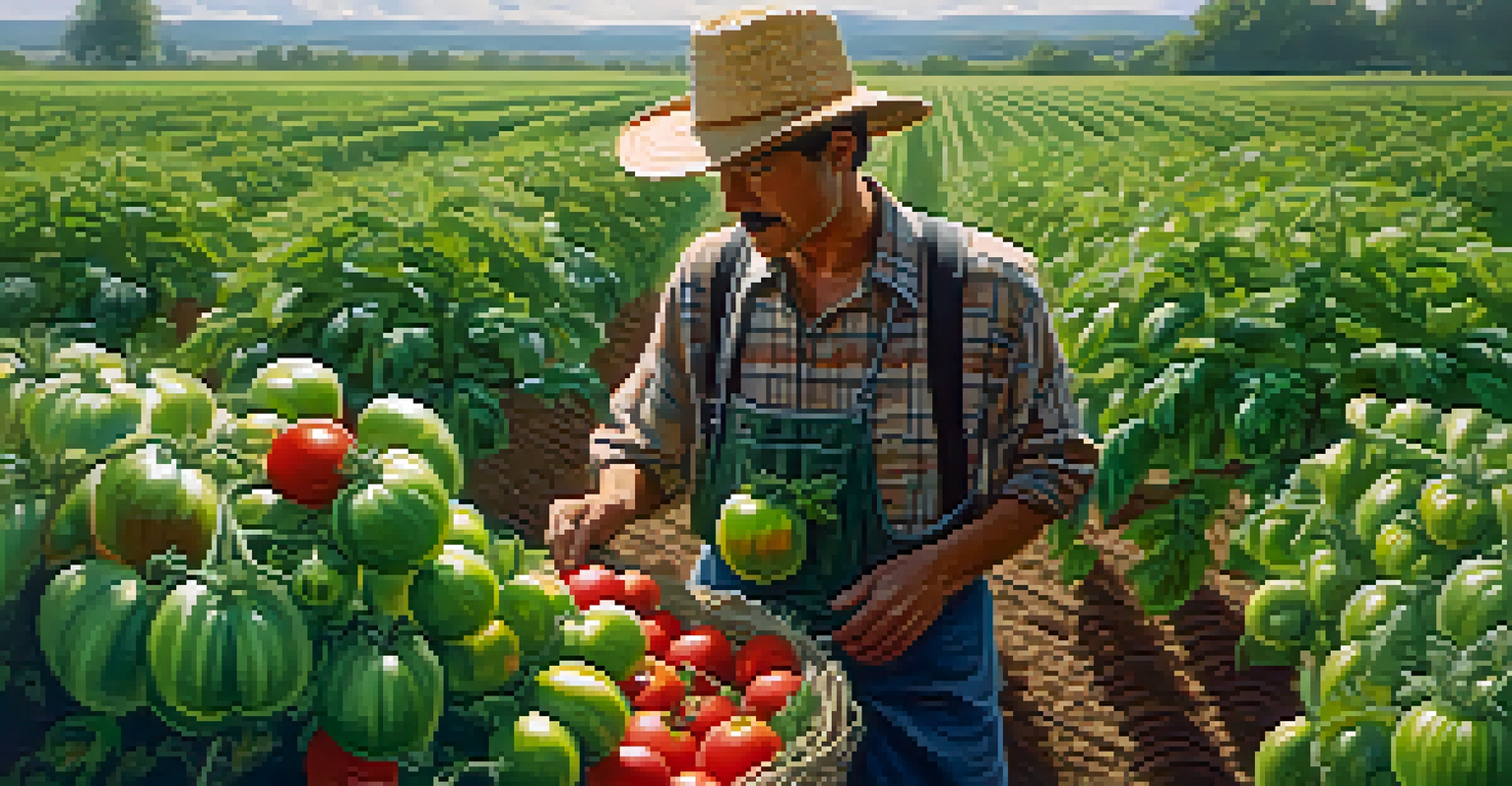 A farmer inspecting ripe tomatoes in a green field, showcasing vibrant plants and bright sun.
