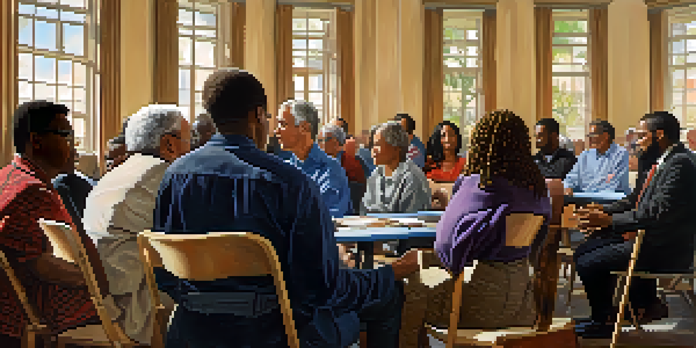 A diverse group of independent voters engaged in discussion at a community forum, with a warm atmosphere and key issue posters in the background.