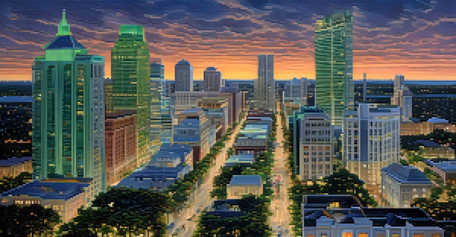 Aerial view of a vibrant Florida city with skyscrapers and historic buildings at dusk.