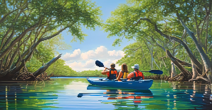 A peaceful kayaking scene in Florida's mangroves with a dolphin jumping nearby and a group of people paddling in the water.
