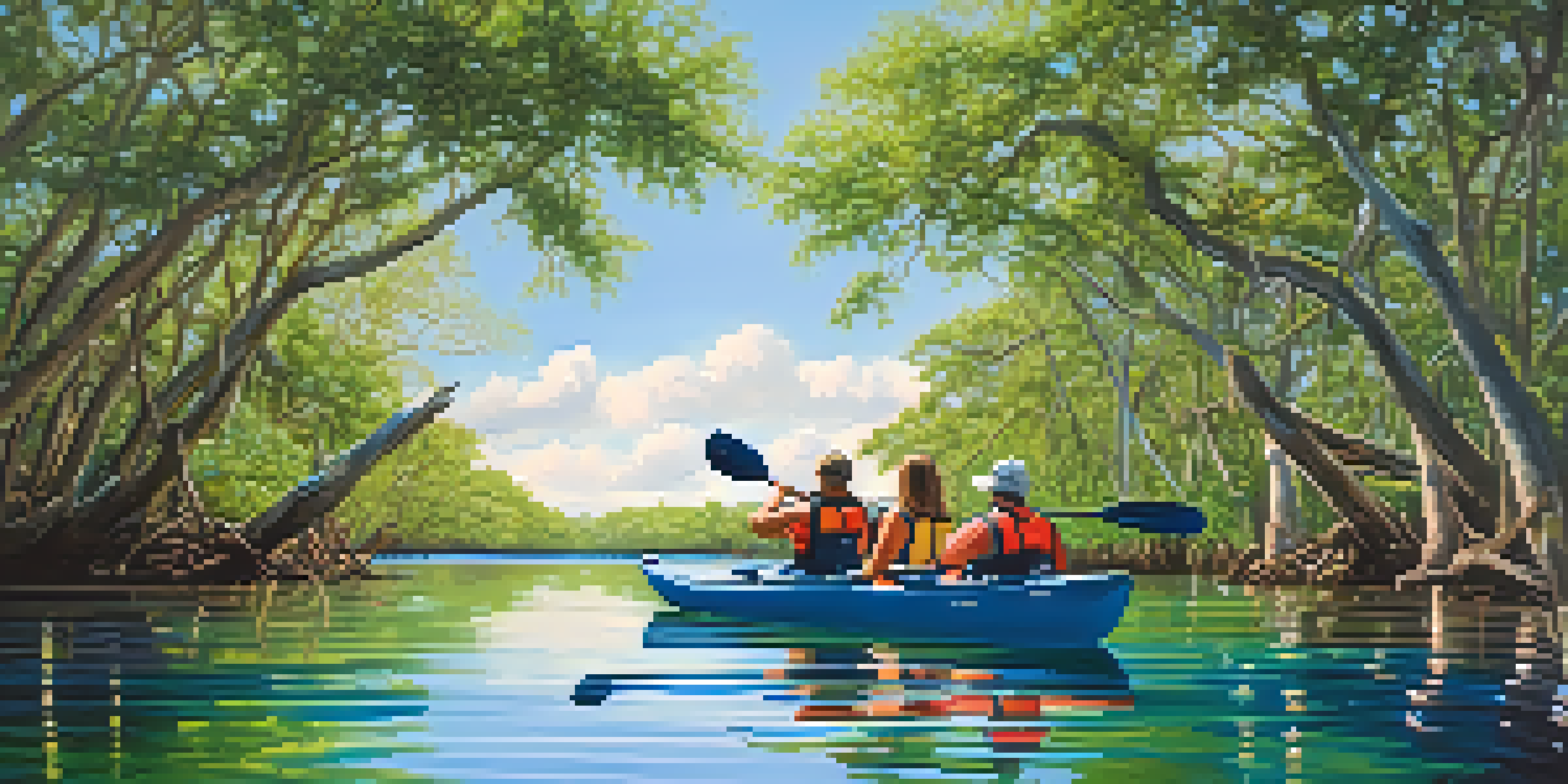 A peaceful kayaking scene in Florida's mangroves with a dolphin jumping nearby and a group of people paddling in the water.