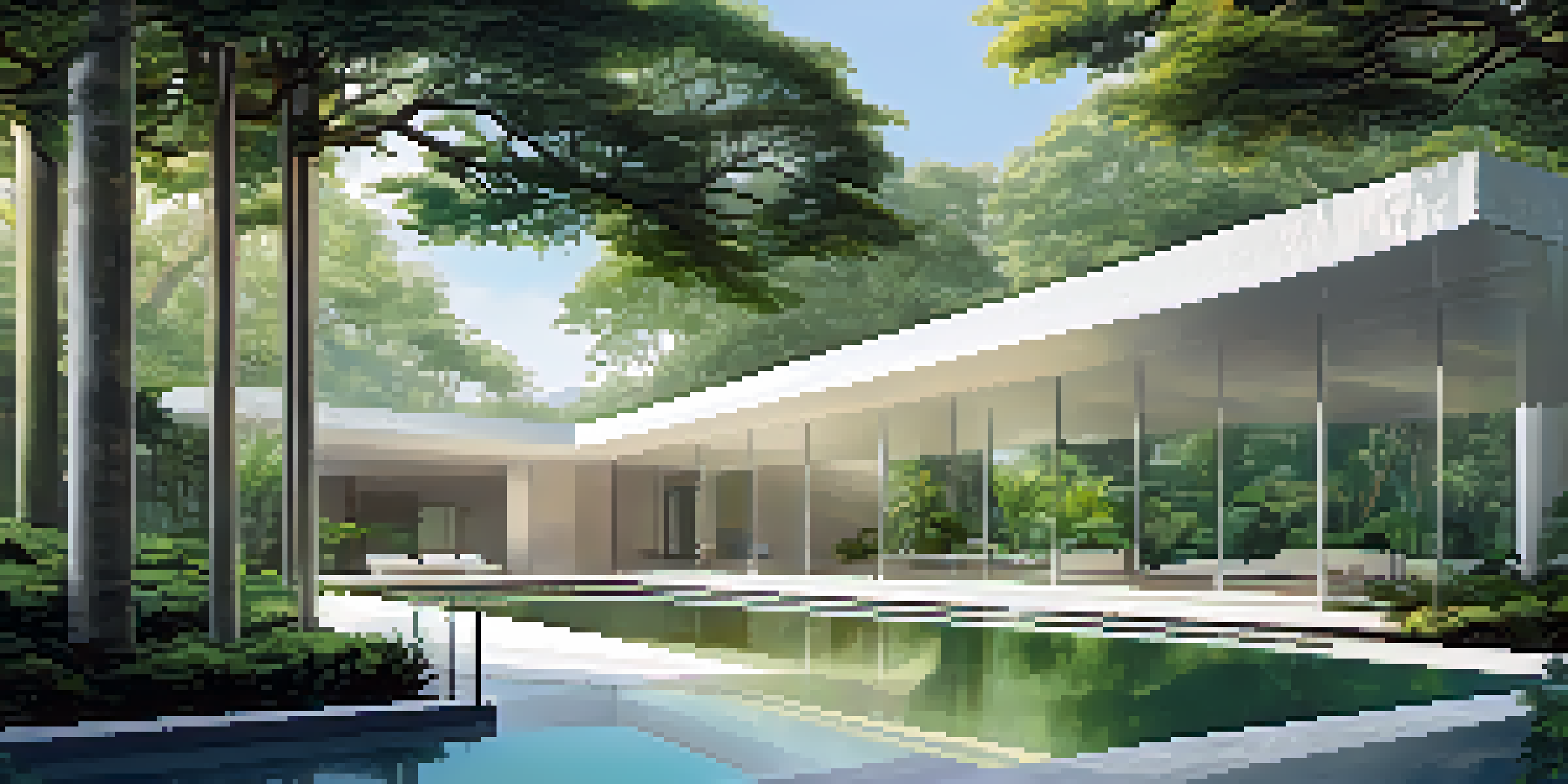 A modern white concrete building with large glass windows surrounded by tropical greenery and a reflecting pool under sunlight.