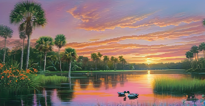 A peaceful sunrise over a lake in Florida, with palm trees and wildflowers surrounding the water, and ducks swimming.