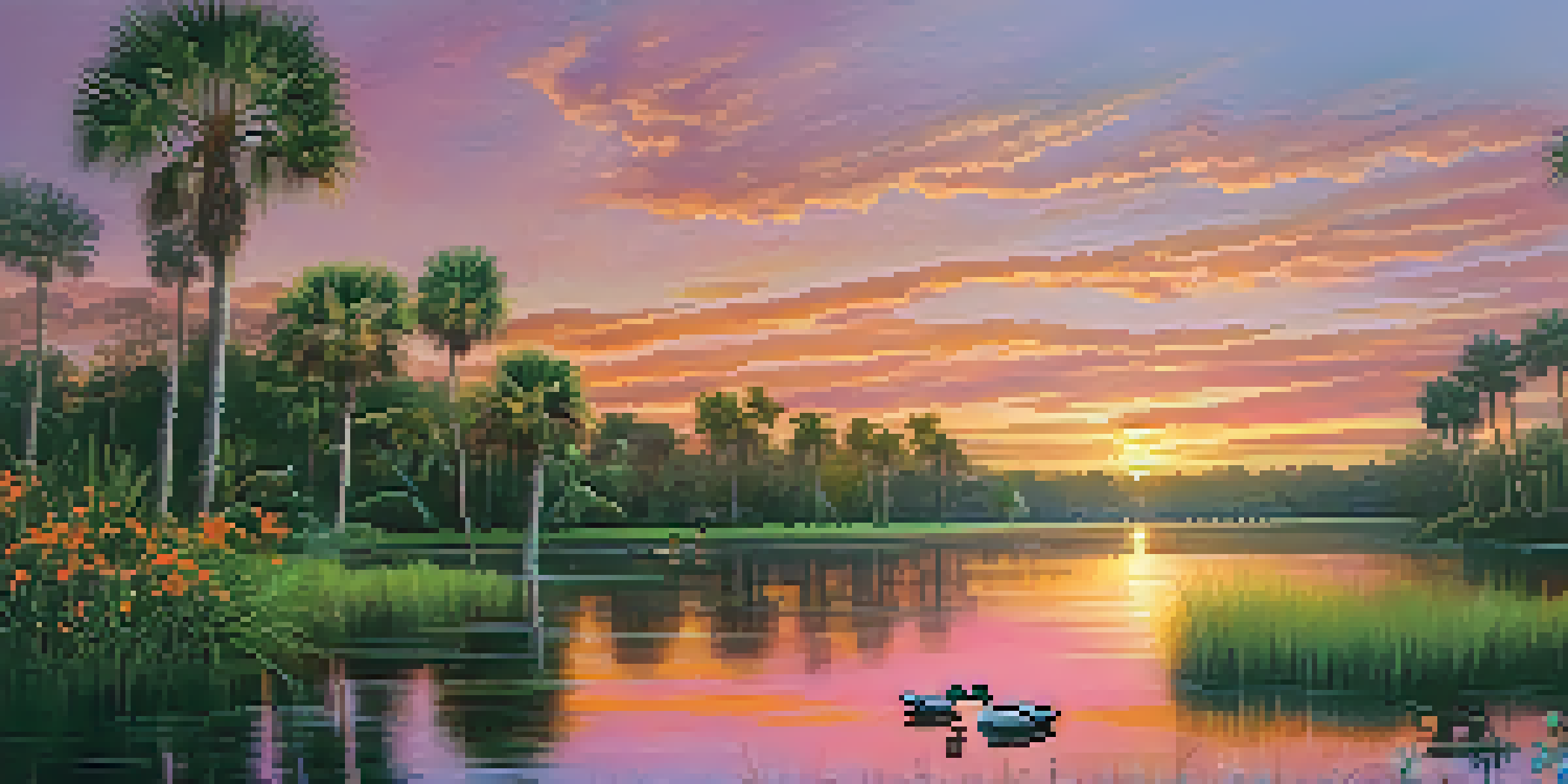 A peaceful sunrise over a lake in Florida, with palm trees and wildflowers surrounding the water, and ducks swimming.