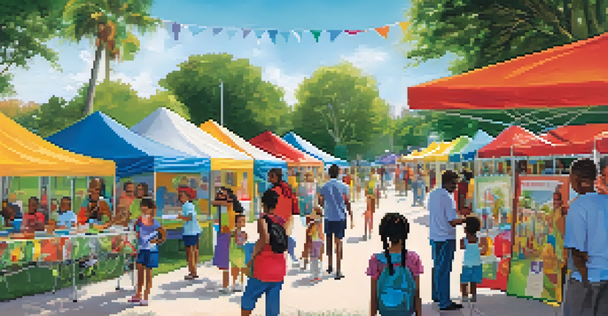 A lively scene of a health fair in Florida with diverse families interacting with health professionals in a park setting.