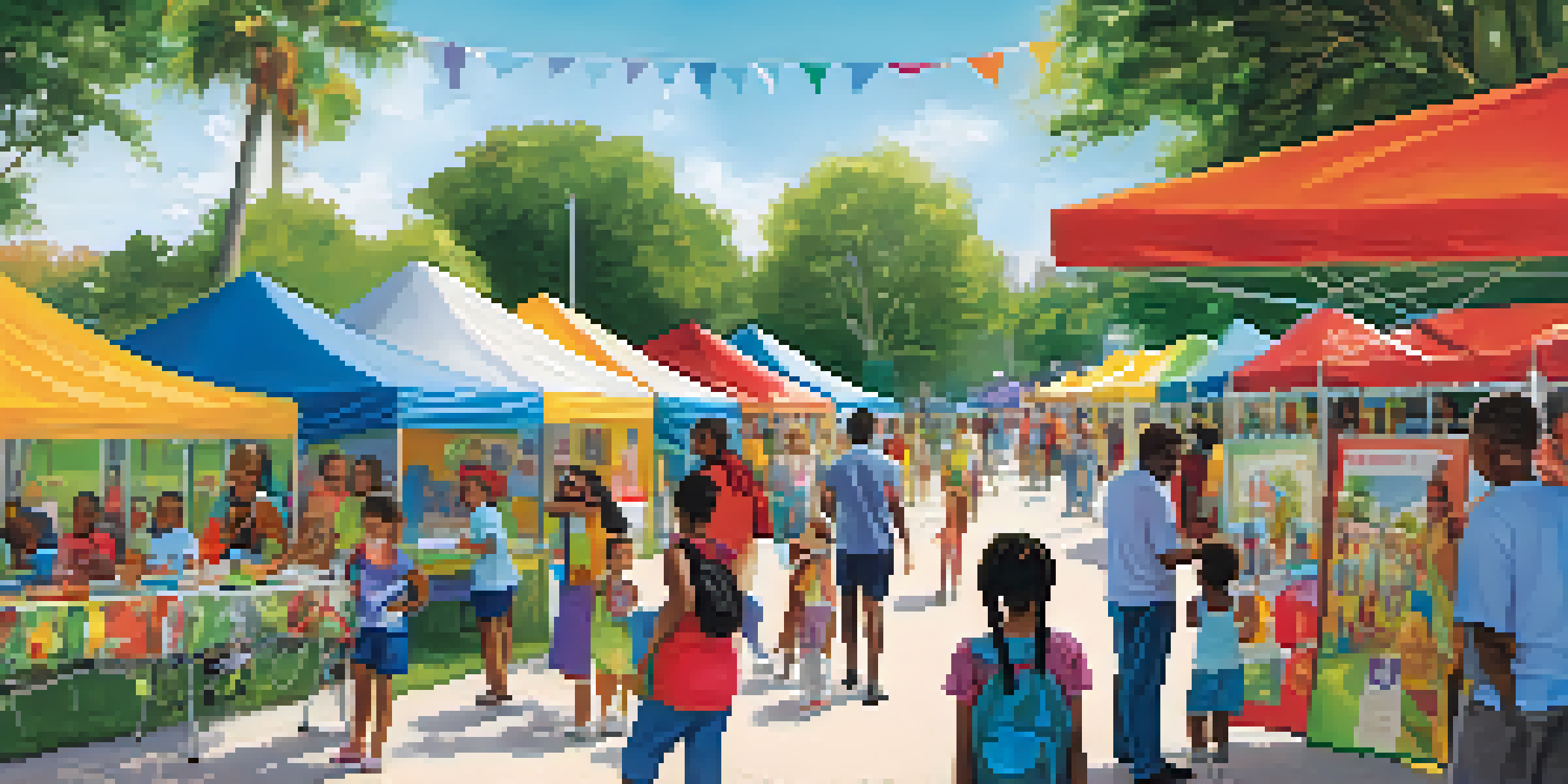 A lively scene of a health fair in Florida with diverse families interacting with health professionals in a park setting.
