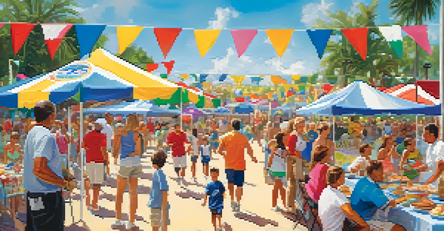A sports festival in Florida with families participating in sports and enjoying diverse foods under a sunny sky.