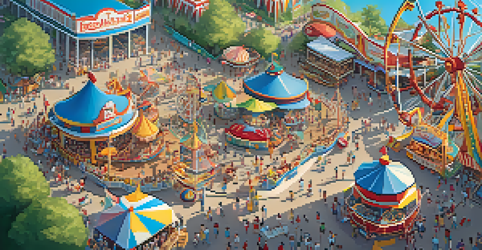 An overhead view of a crowded theme park with various attractions, showcasing excited visitors waiting in line and colorful food stalls.