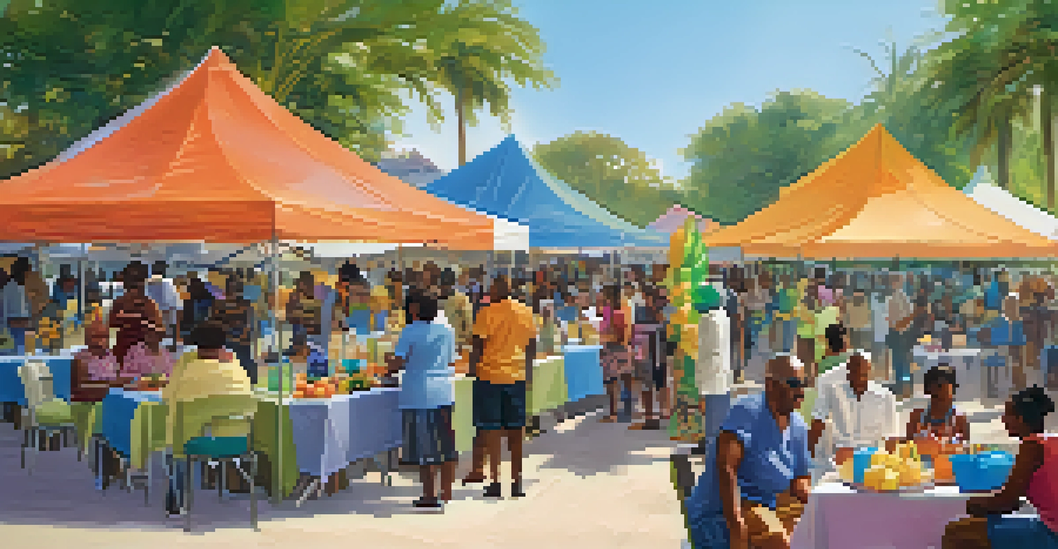 A community health fair outdoors in Florida, featuring colorful tents, residents discussing wellness, and tables with fruits and water bottles.