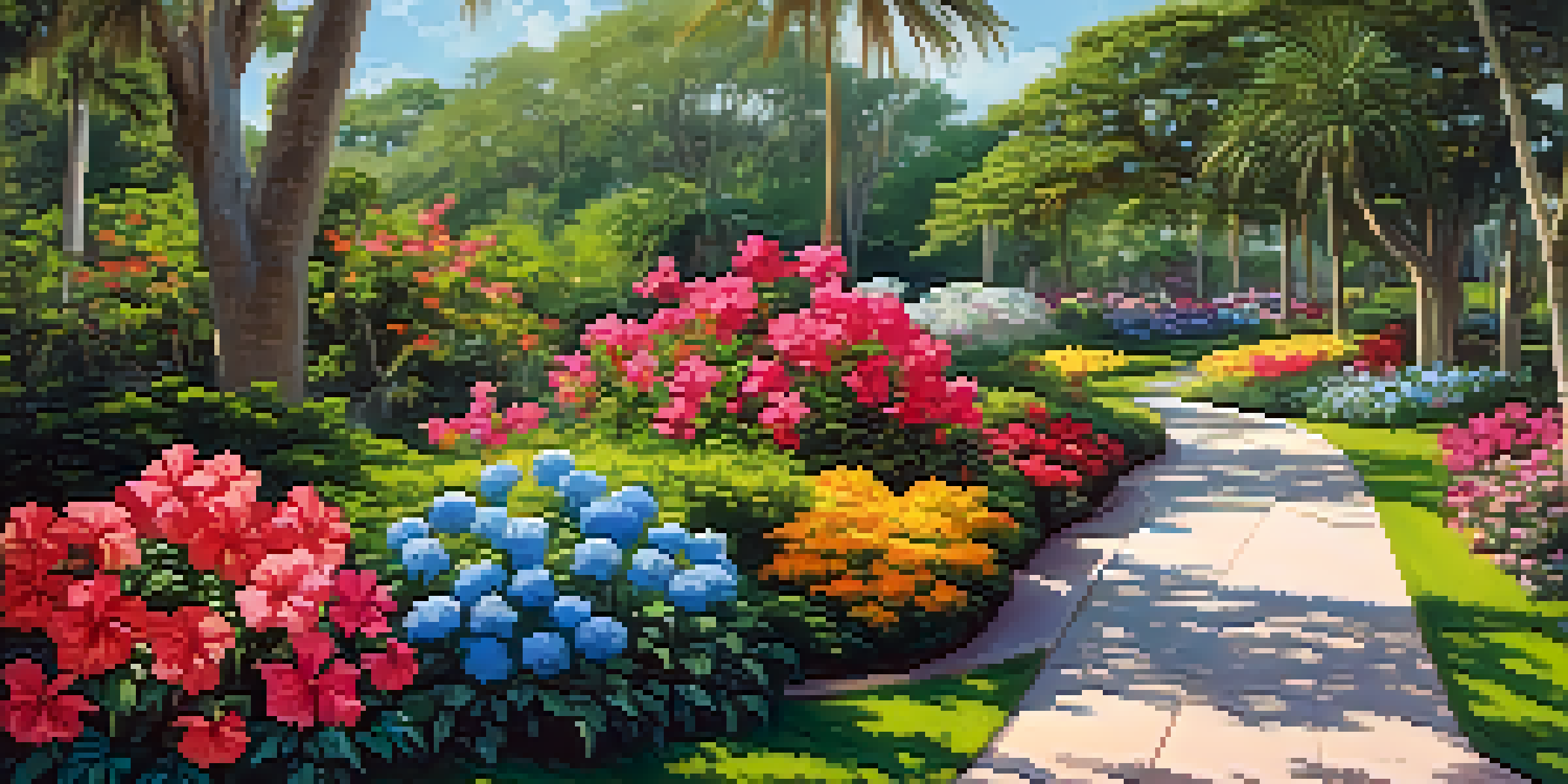 A vibrant botanical garden in Florida during spring, filled with blooming flowers and clear blue skies, with people walking along paths.