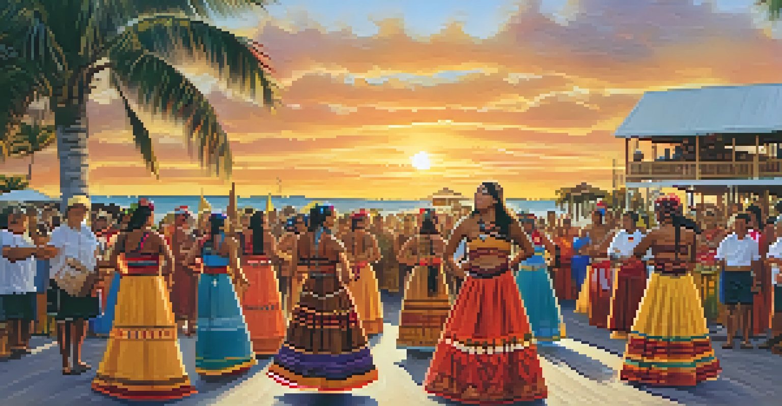 A colorful cultural festival scene with Indigenous dancers in traditional attire, set against a sunset background.