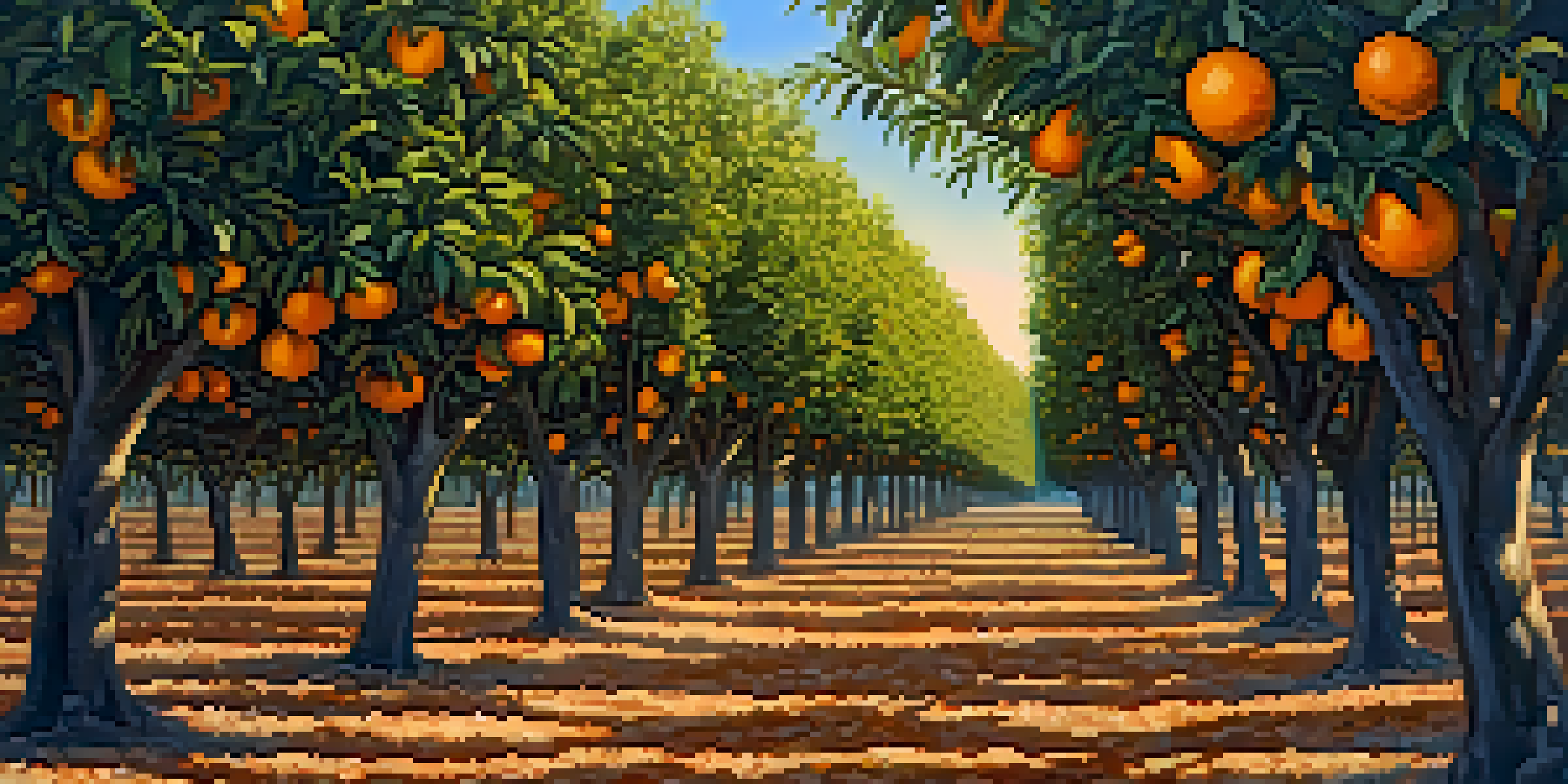 A scenic view of a Florida orange grove at sunset, with bright orange fruits on the trees and sunlight filtering through the leaves.