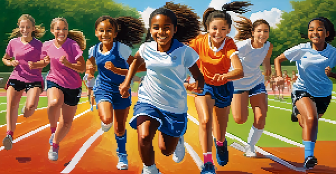 A group of young girls of different ethnicities participating in various sports, showing teamwork and joy in a sunny community sports field.