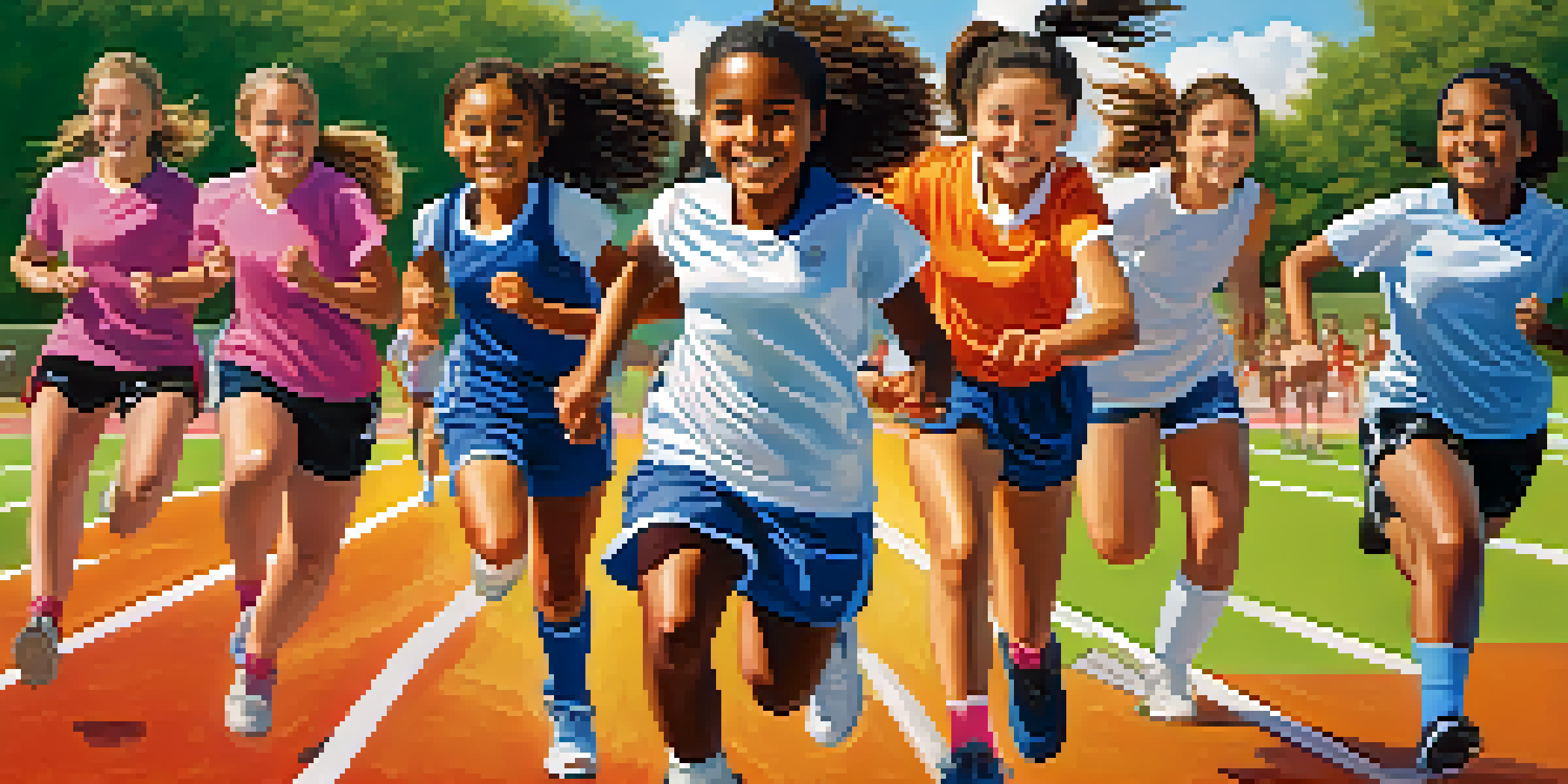 A group of young girls of different ethnicities participating in various sports, showing teamwork and joy in a sunny community sports field.