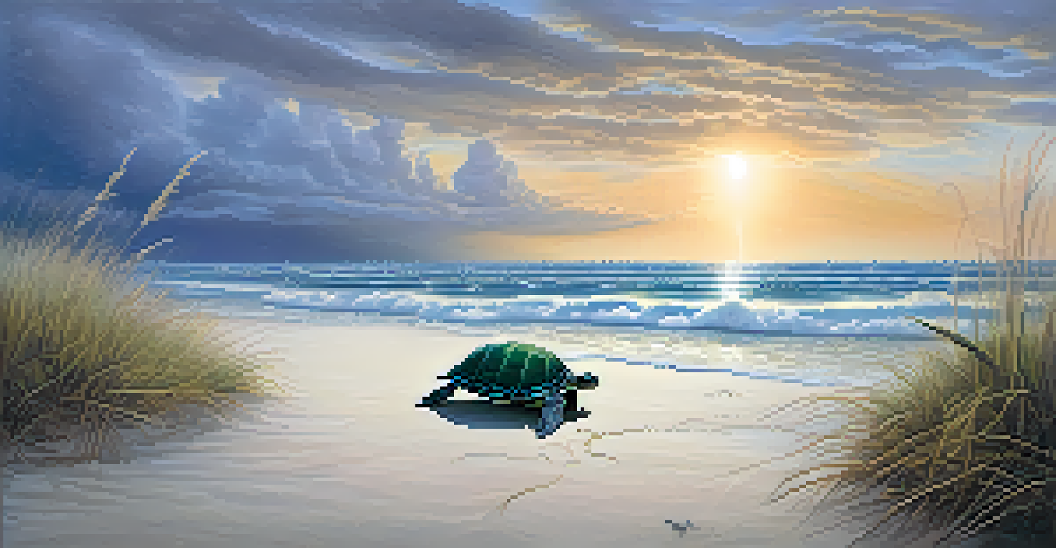 A coastal scene in Florida depicting the impact of climate change on wildlife habitats, featuring a sea turtle and rising water levels with sparse vegetation.