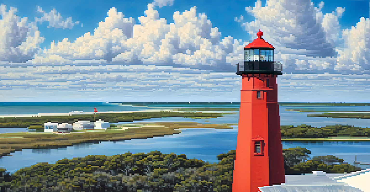 View from the top of Ponce de Leon Inlet Lighthouse, showing the inlet and ocean, with the lighthouse's red-brick exterior in the foreground.