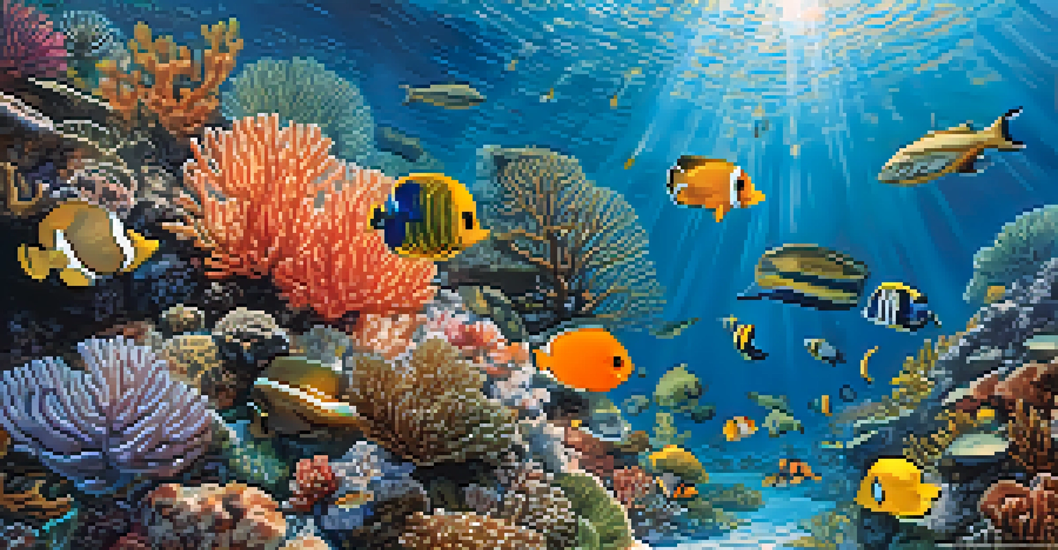 A colorful underwater coral reef with various fish and a sea turtle, illuminated by sunlight.