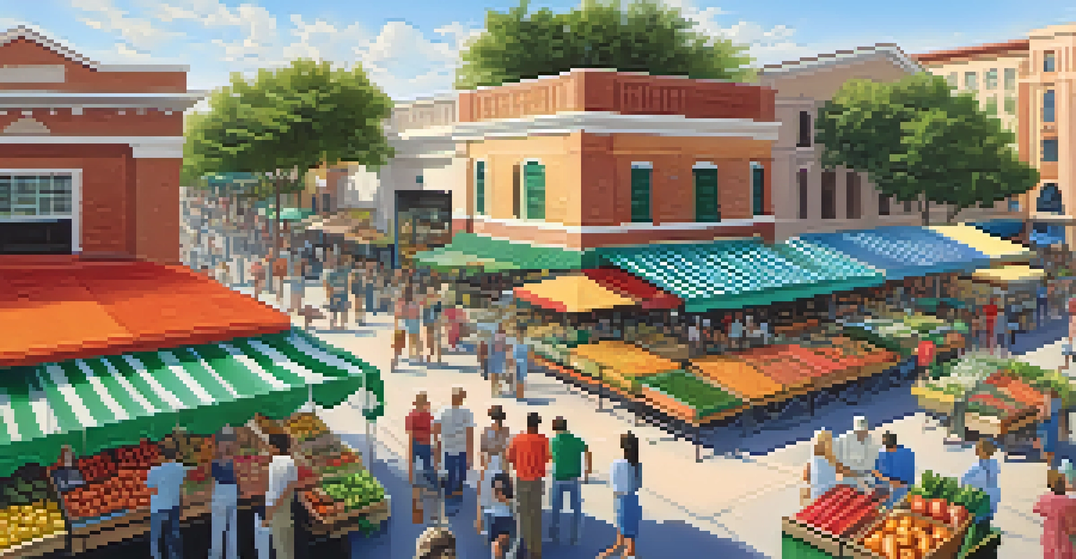 Aerial view of a vibrant farmer's market in Florida with fresh produce and happy shoppers.