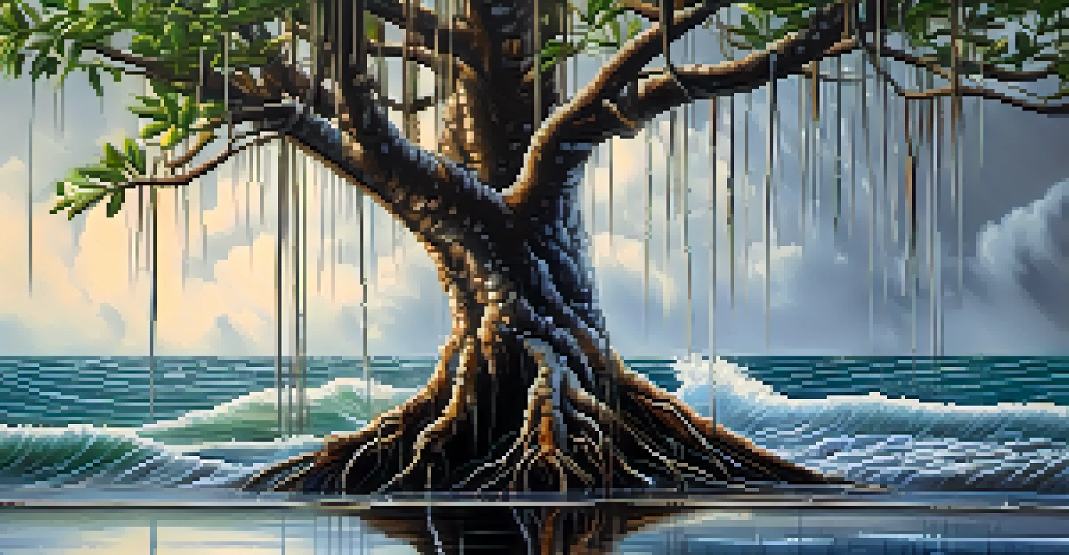 Close-up of a mangrove tree with exposed roots after a hurricane, set against stormy waters in the background.