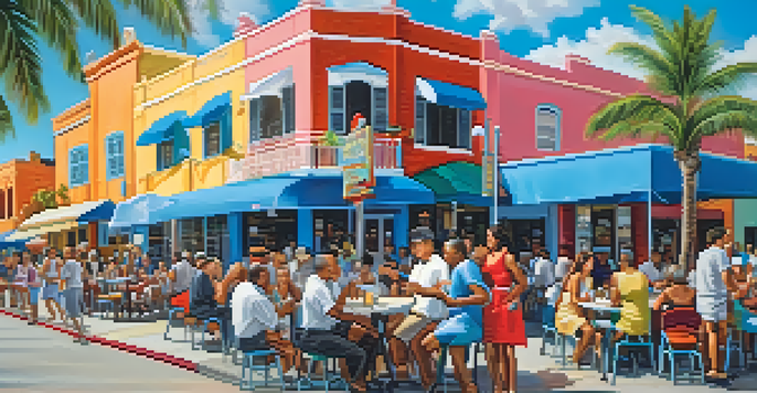 A lively street scene in Little Havana, featuring colorful murals, street musicians, and people enjoying food outdoors under a bright blue sky.