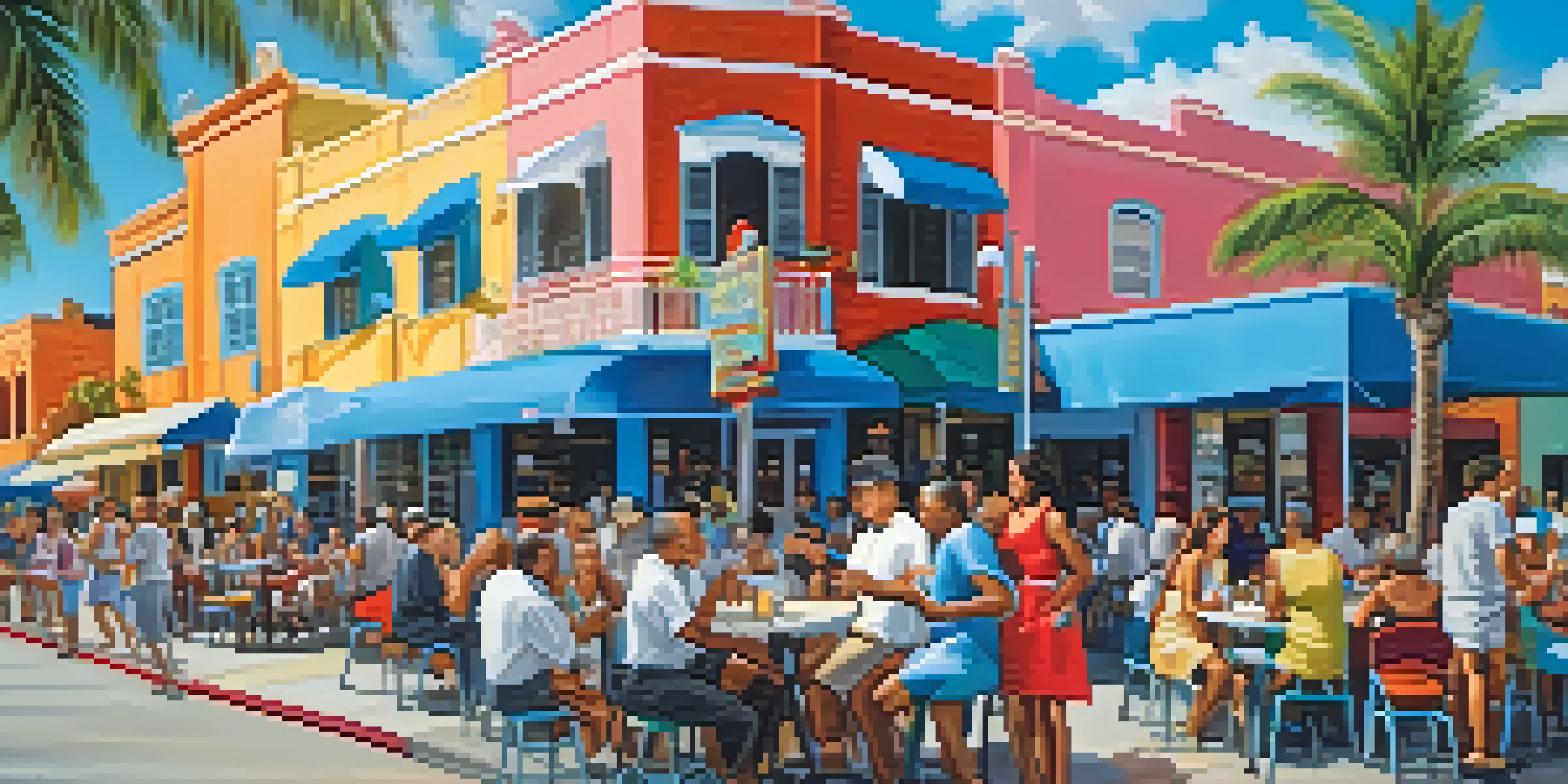 A lively street scene in Little Havana, featuring colorful murals, street musicians, and people enjoying food outdoors under a bright blue sky.