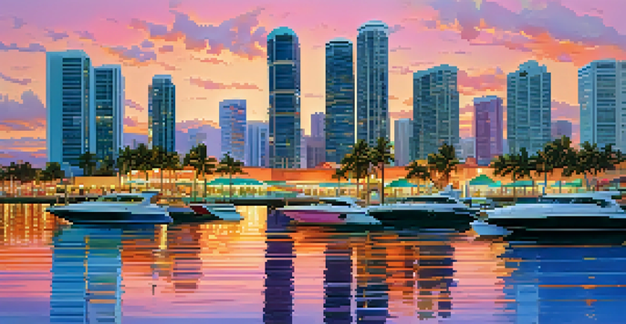 A colorful sunset over Miami's skyline, with palm trees and people enjoying the waterfront.