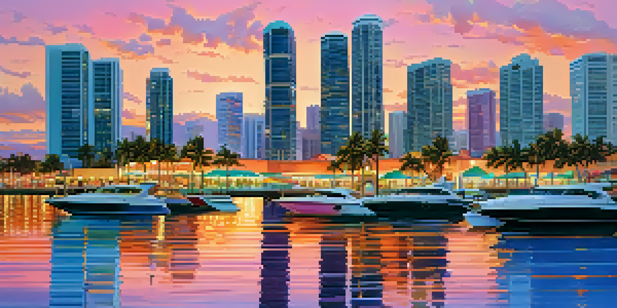 A colorful sunset over Miami's skyline, with palm trees and people enjoying the waterfront.
