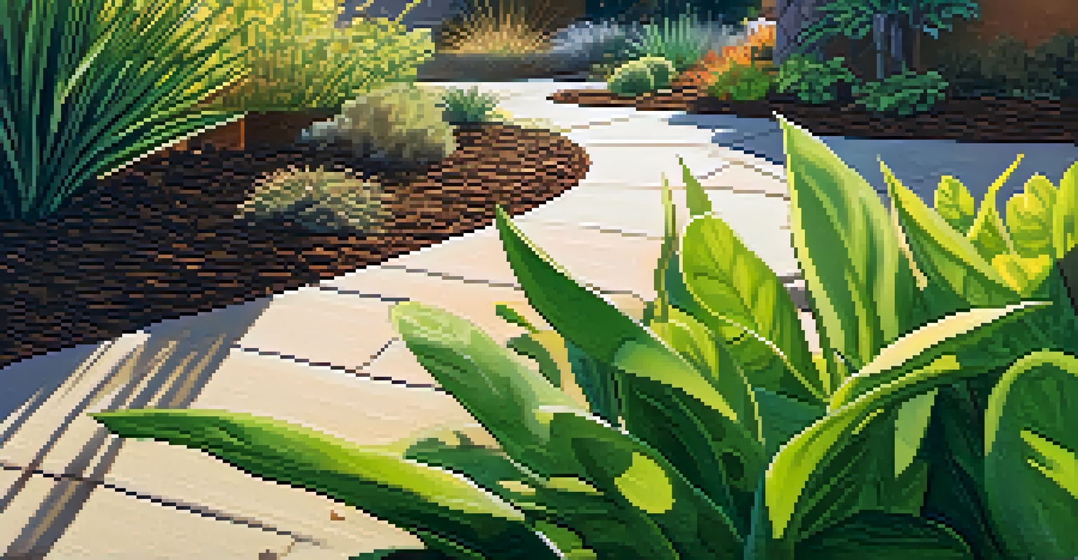 Close-up of organic mulch and green plants in a xeriscaped garden, with sunlight creating gentle shadows.