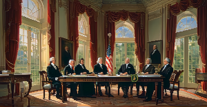 A historic scene of officials signing the Treaty of Adams-Onís with detailed maps and a lush Florida landscape visible through a window.