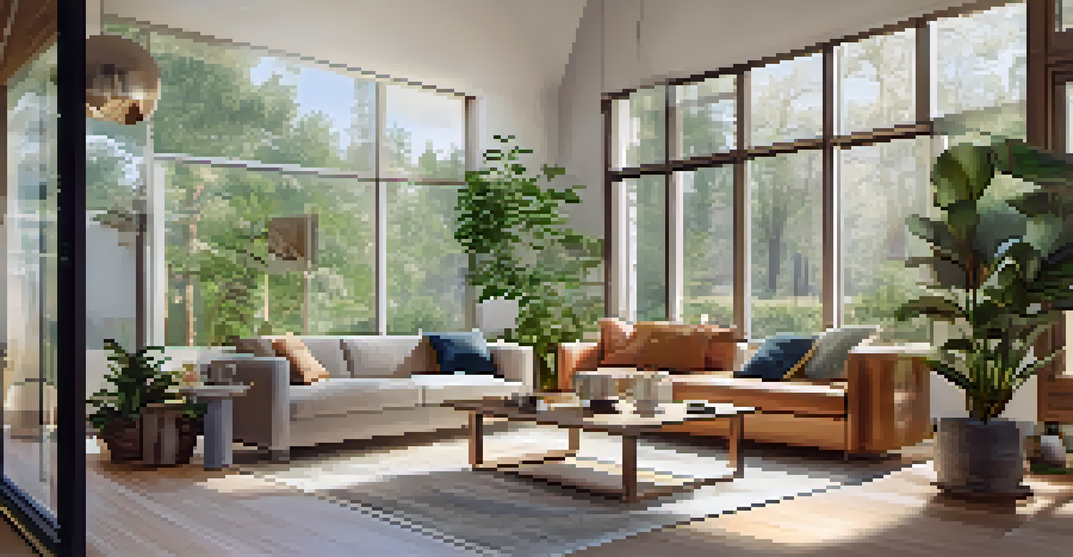 Interior of a modern sustainable home with smart technology and natural light, featuring plants and cozy seating.