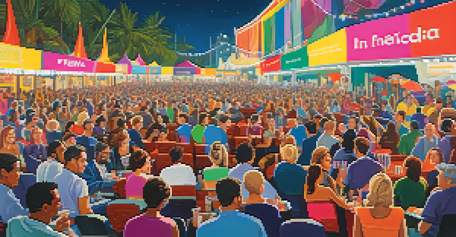 A modern film festival in Florida with filmmakers and audiences interacting, surrounded by colorful banners and film posters, creating a vibrant atmosphere.