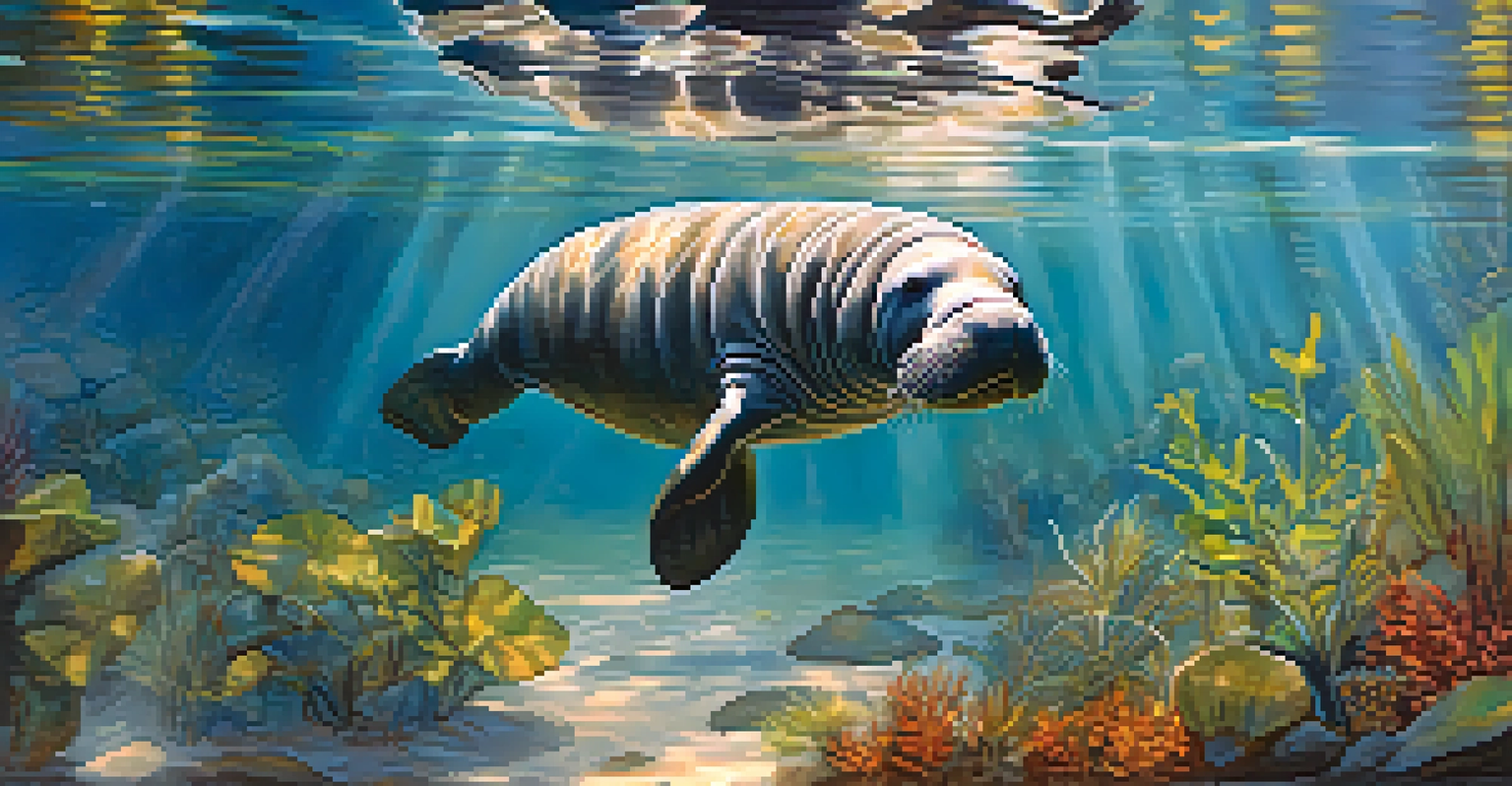 An underwater view showing a manatee swimming in clear springs, surrounded by aquatic plants and small fish.
