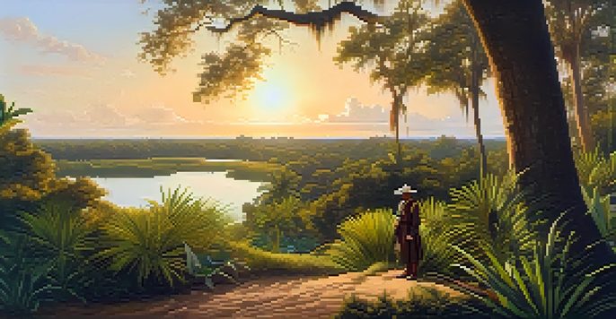 A Spanish explorer in historical attire stands in a lush green landscape of early Colonial Florida, with a Native American village in the background under warm golden sunlight.