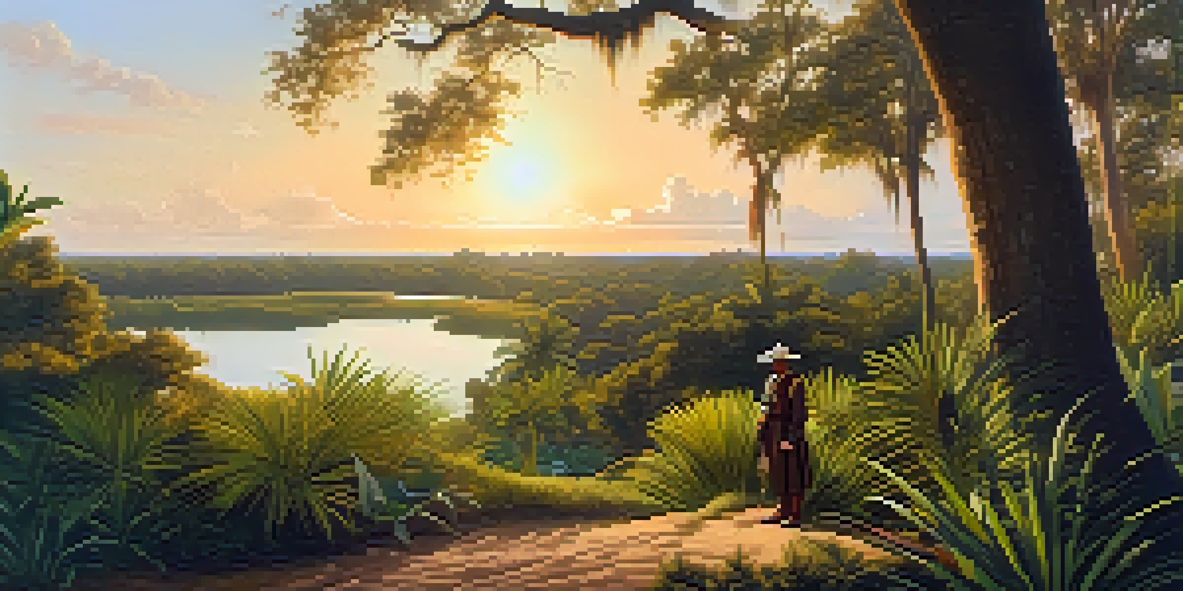 A Spanish explorer in historical attire stands in a lush green landscape of early Colonial Florida, with a Native American village in the background under warm golden sunlight.