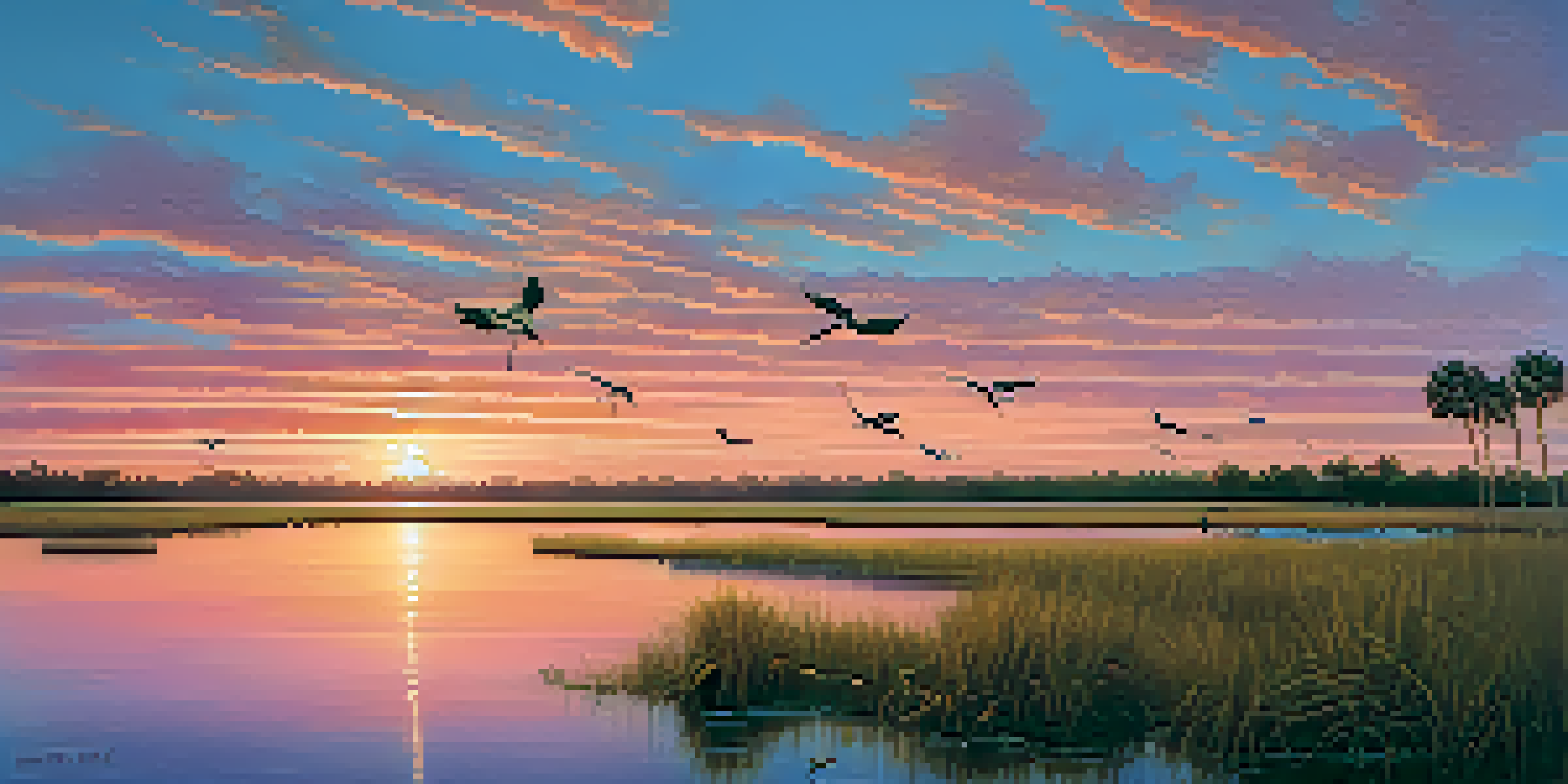 A sunset scene over the Everglades showcasing wetlands, an alligator resting, and birds flying in a colorful sky.