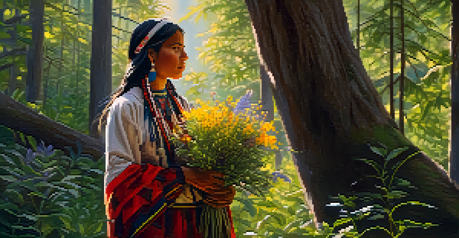 An indigenous woman in traditional dress performing a nature-centered ceremony in a vibrant forest filled with flowers and sunlight.