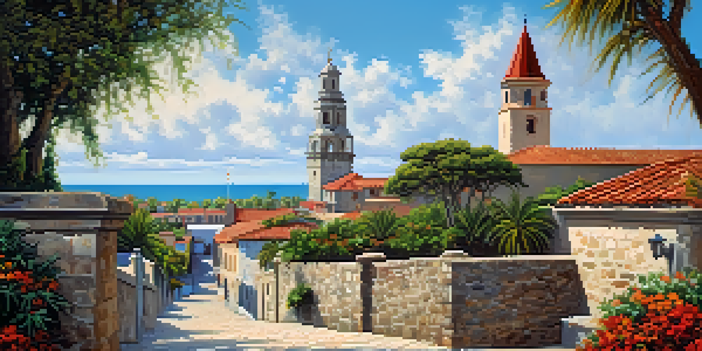 A scenic representation of St. Augustine with cobblestone streets and Spanish colonial buildings, highlighting the Castillo de San Marcos in the background.